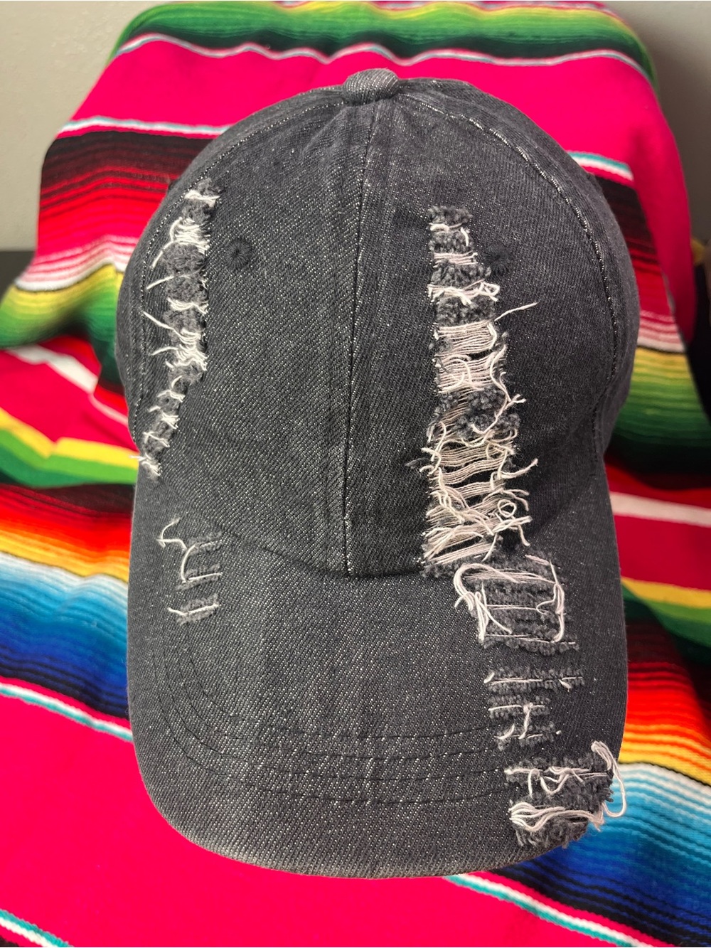 Distressed Denim Baseball Cap - Black